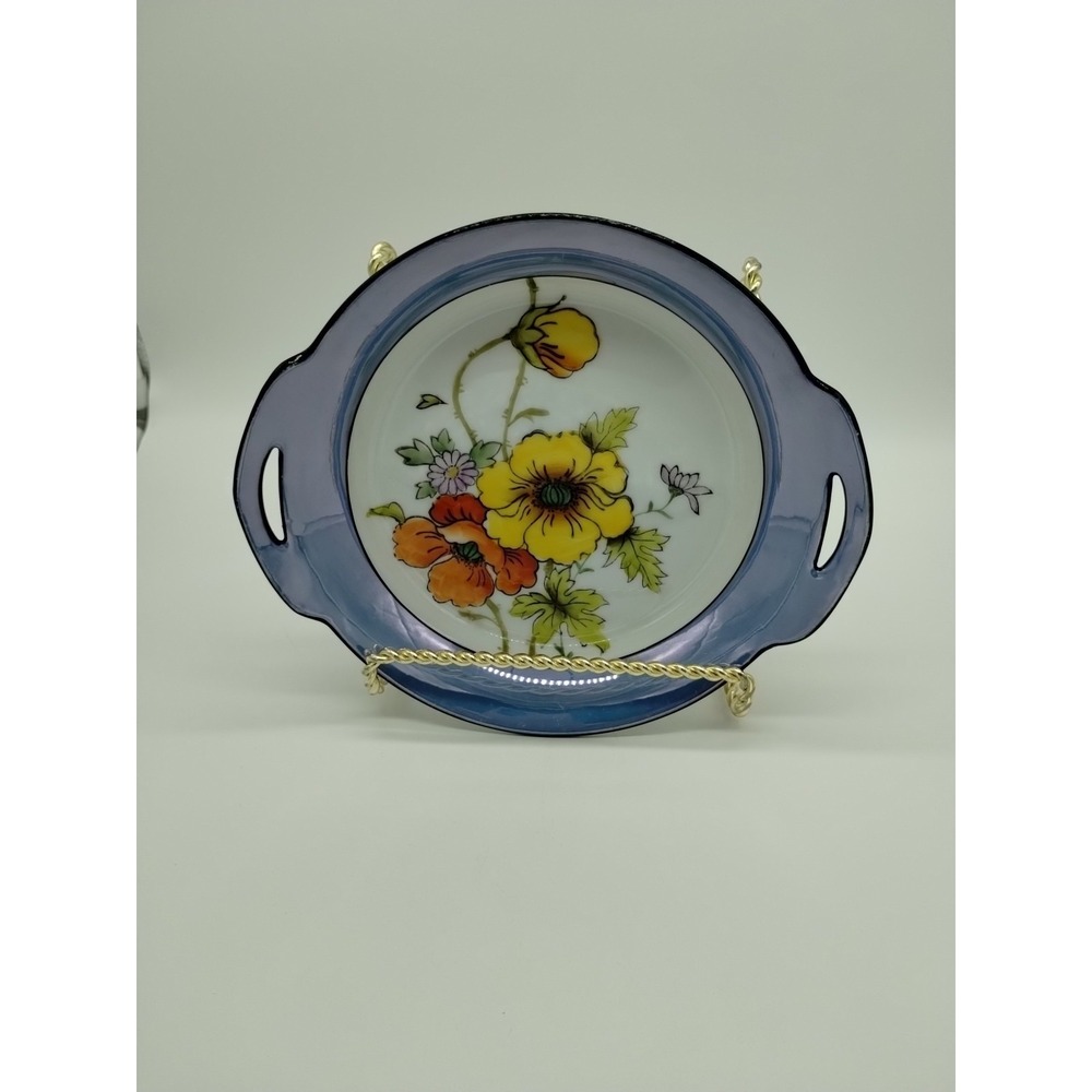 Noritake Vintage Hand Painted Blue Lusterware plate with flowers Poppies 8 1/4"